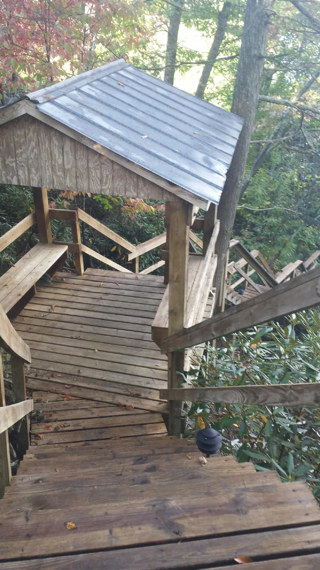 Metal roofed shelter over wooden steps on a wooded walkway — Skylight Repair & Installation work by our crew in Tahoma